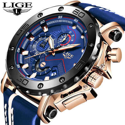 2019 New LIGE Mens Watches Top Brand Luxury Big Dial Military Quartz Watch Casual Leather Waterproof Sport Chronograph Watch Men