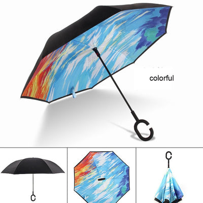 C Handle Windproof Reverse Folding Umbrella Man Women Sun Rain Car Inverted Umbrellas Double Layer Anti UV Self Stand Parapluie