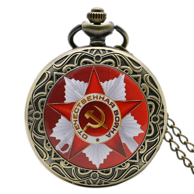 Retro USSR Soviet Badges Sickle Hammer Style Quartz Pocket Watch CCCP Russia Emblem Communism Unisex Necklace Chain Hours Clock