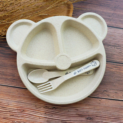 Baby bowl+spoon+fork Feeding Food Tableware Set Cartoon Bear Kids Dishes Eating Dinnerware Anti-hot Wheat Straw Training Plate